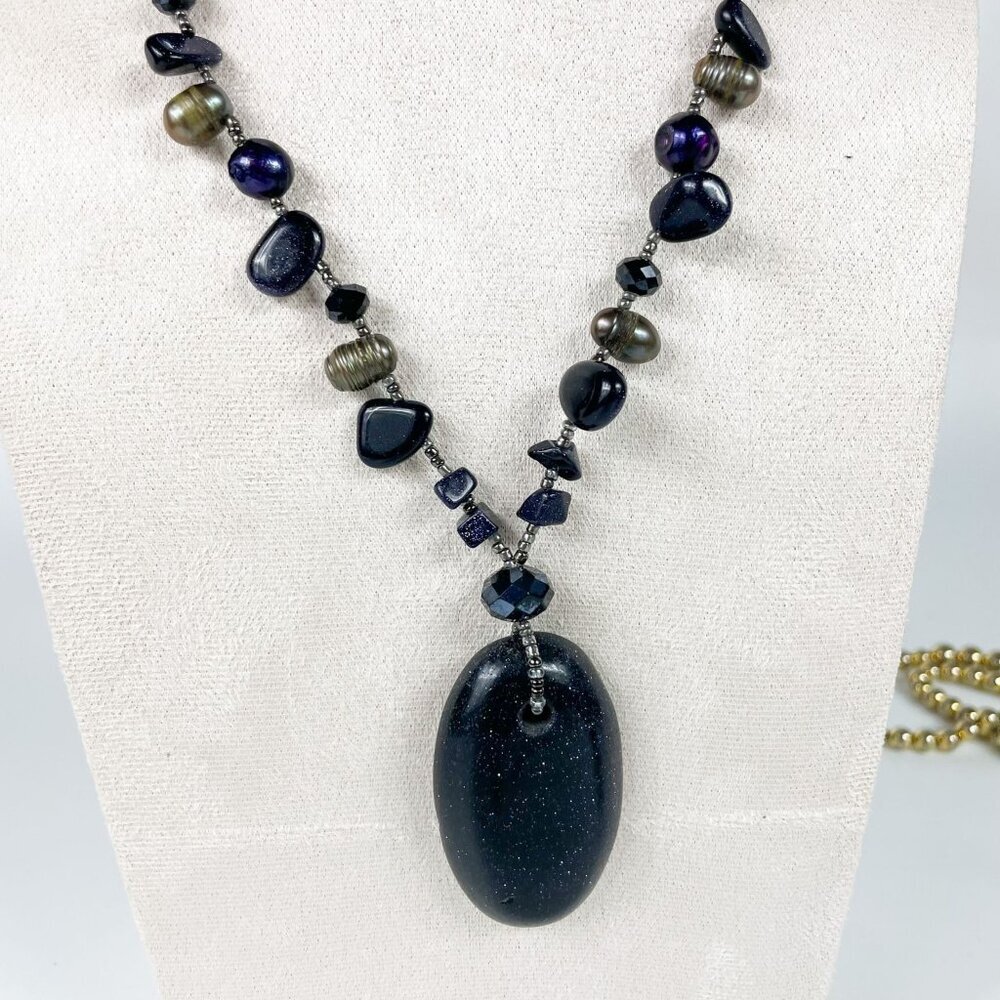 Blue Goldstone Pendant Necklace Pearls Gemstone Chunks Beads Artisan
